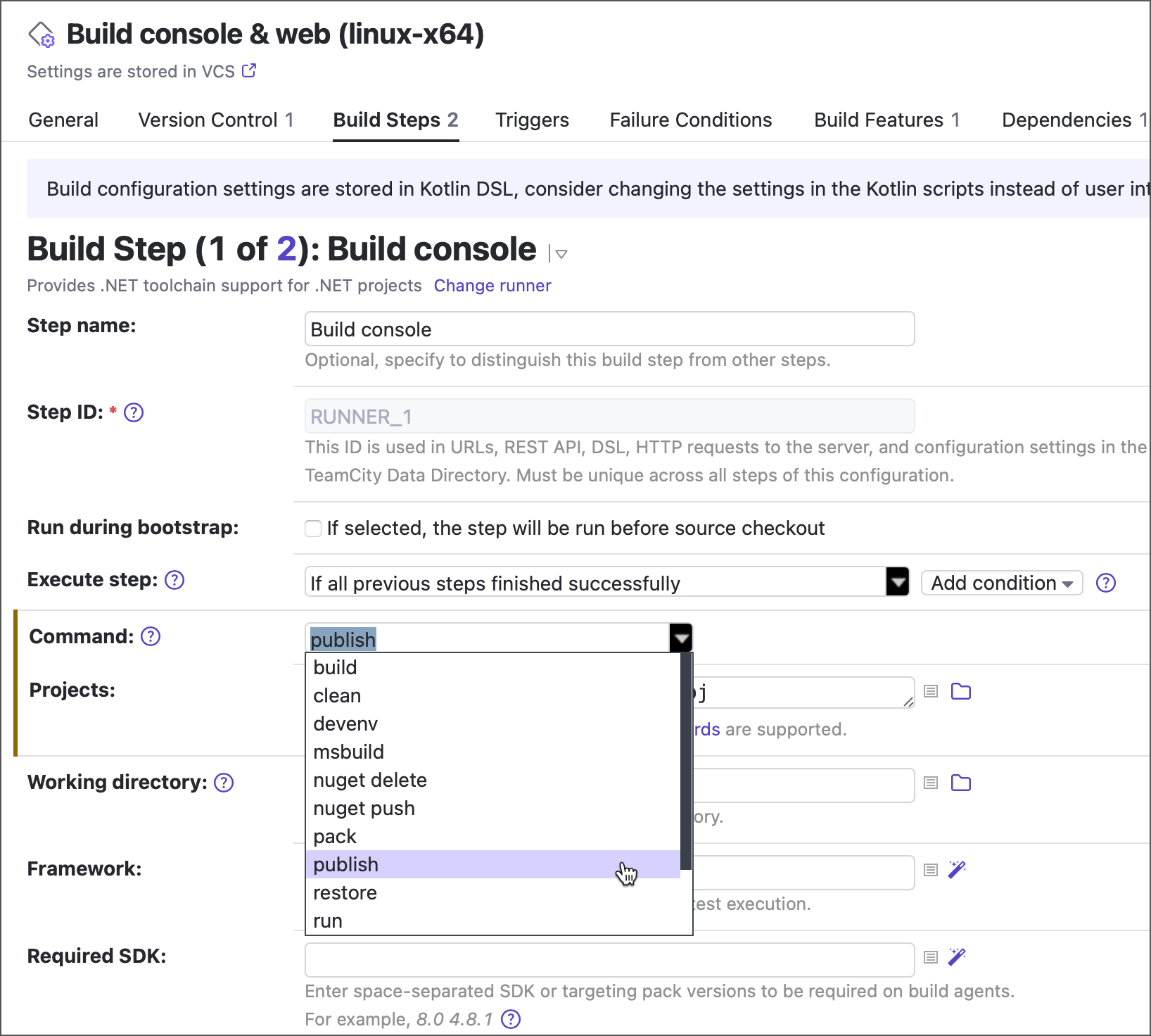 Selecting .NET command Selecting .NET command