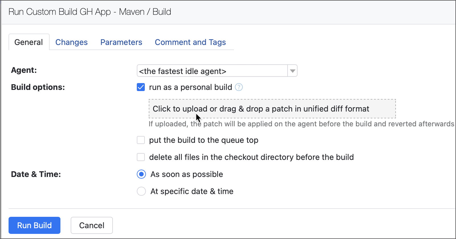 Upload patch in TeamCity UI