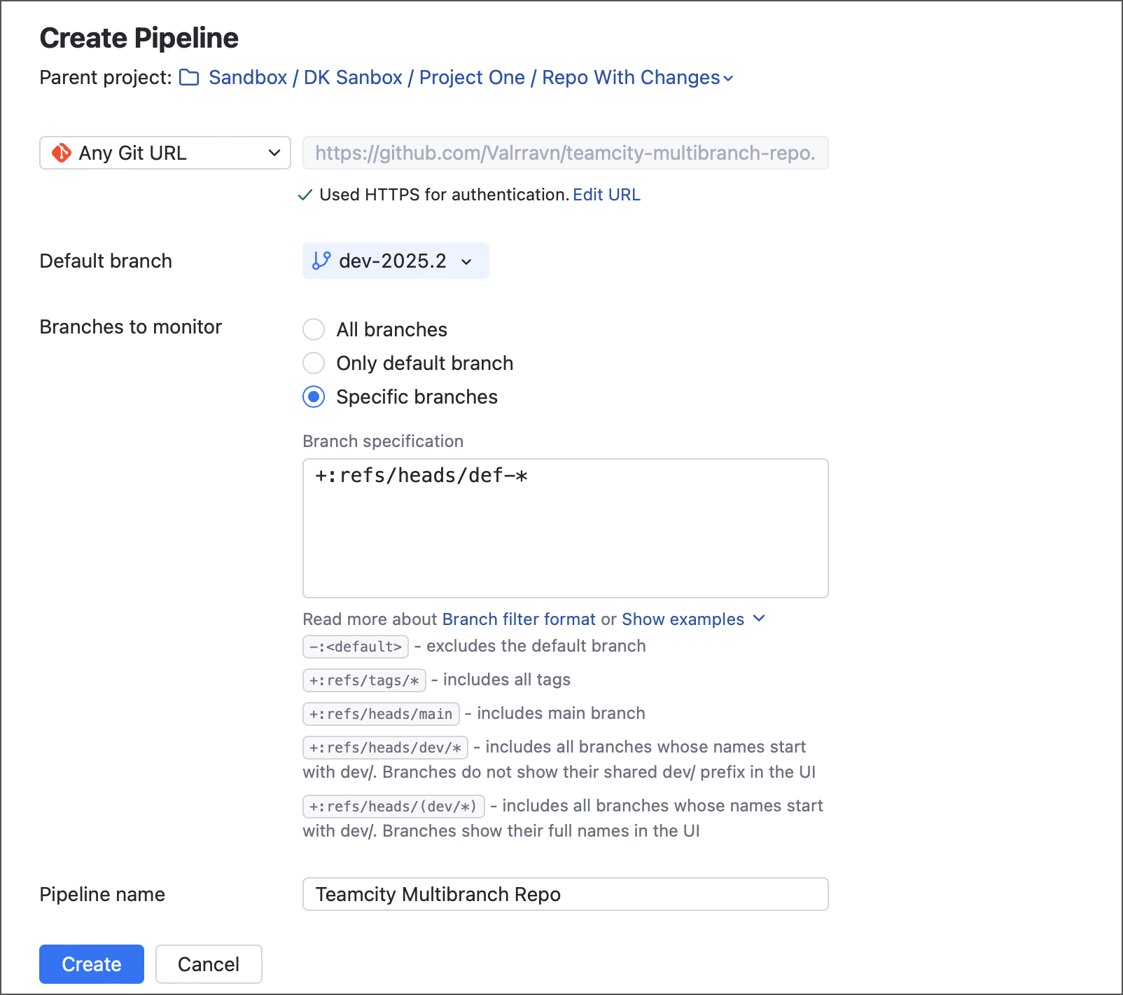 Pipeline branch specs