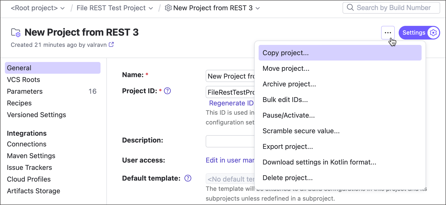 Project Actions menu