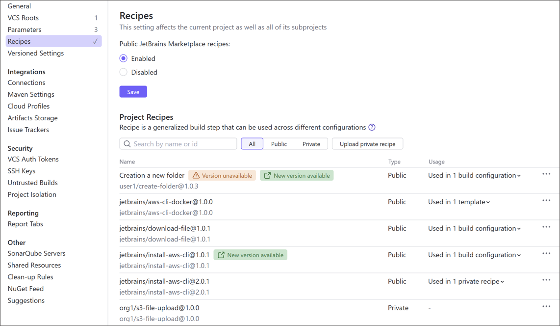 Recipes page in Root project