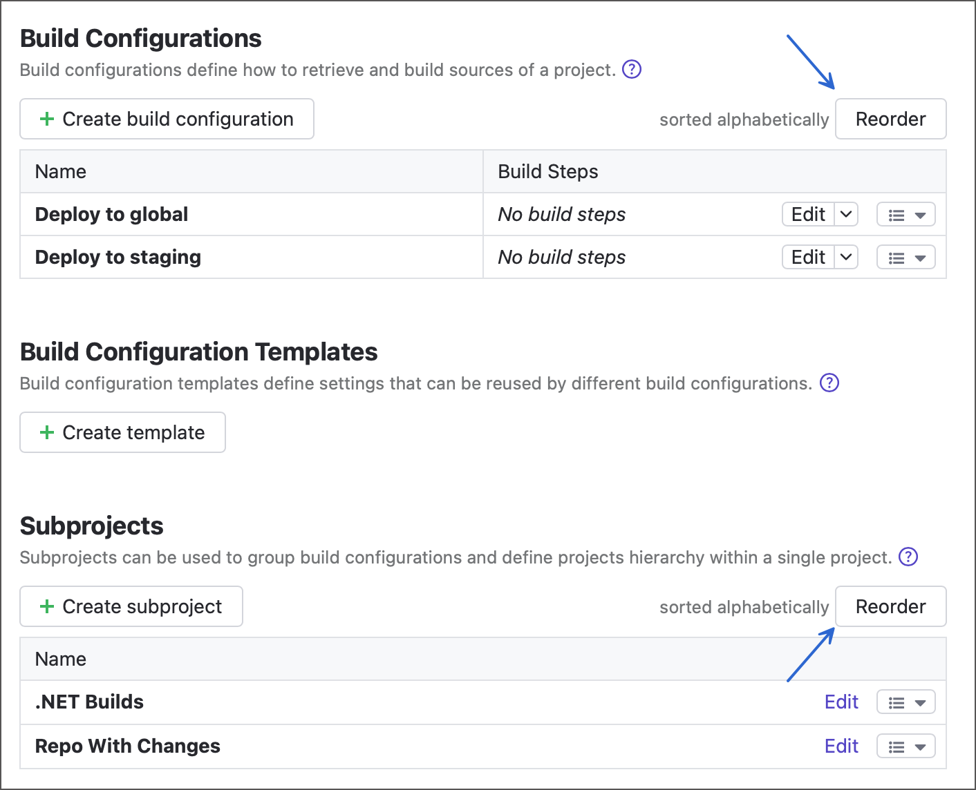 Reorder projects and configurations