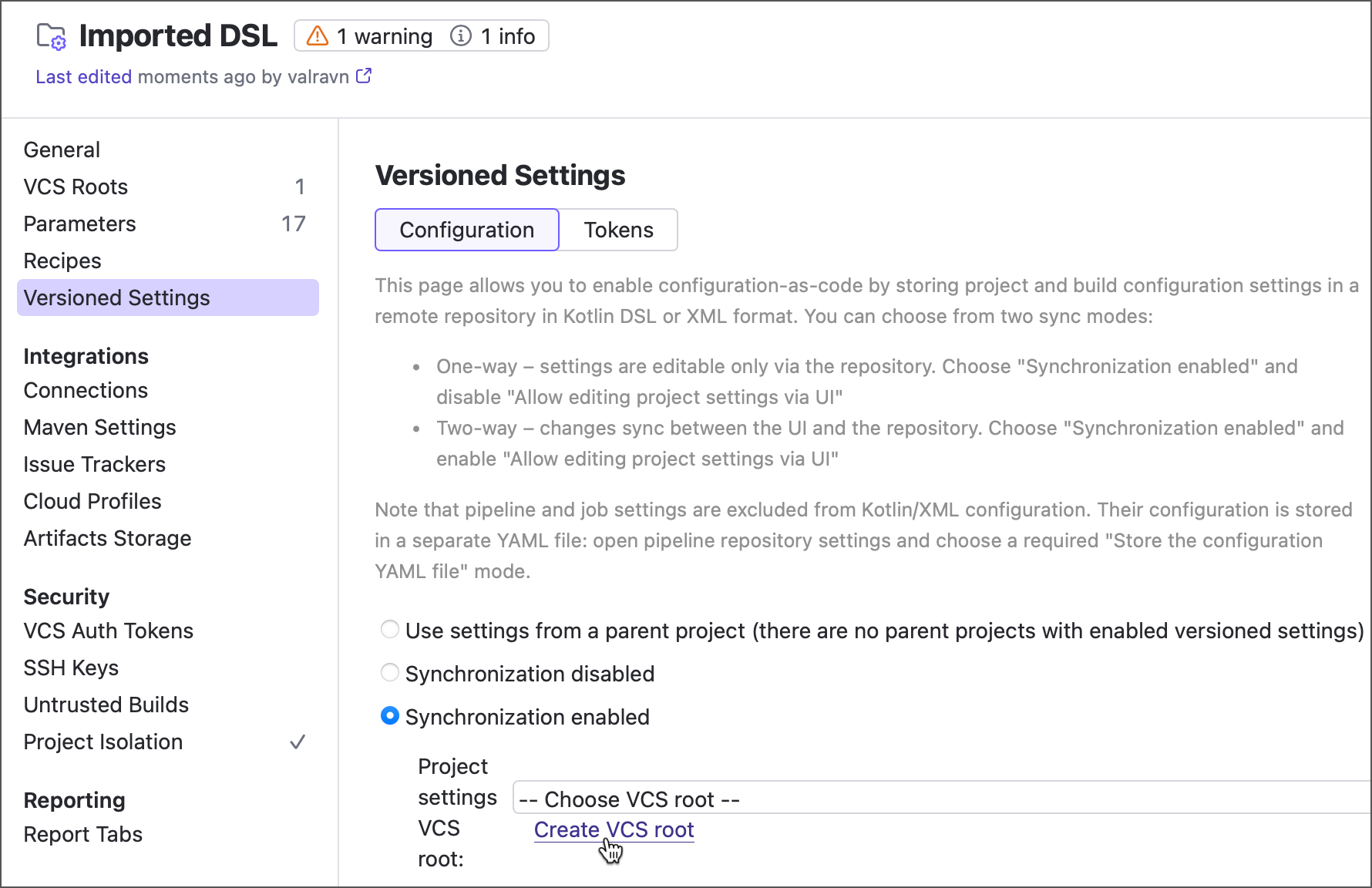 New settings VCS root
