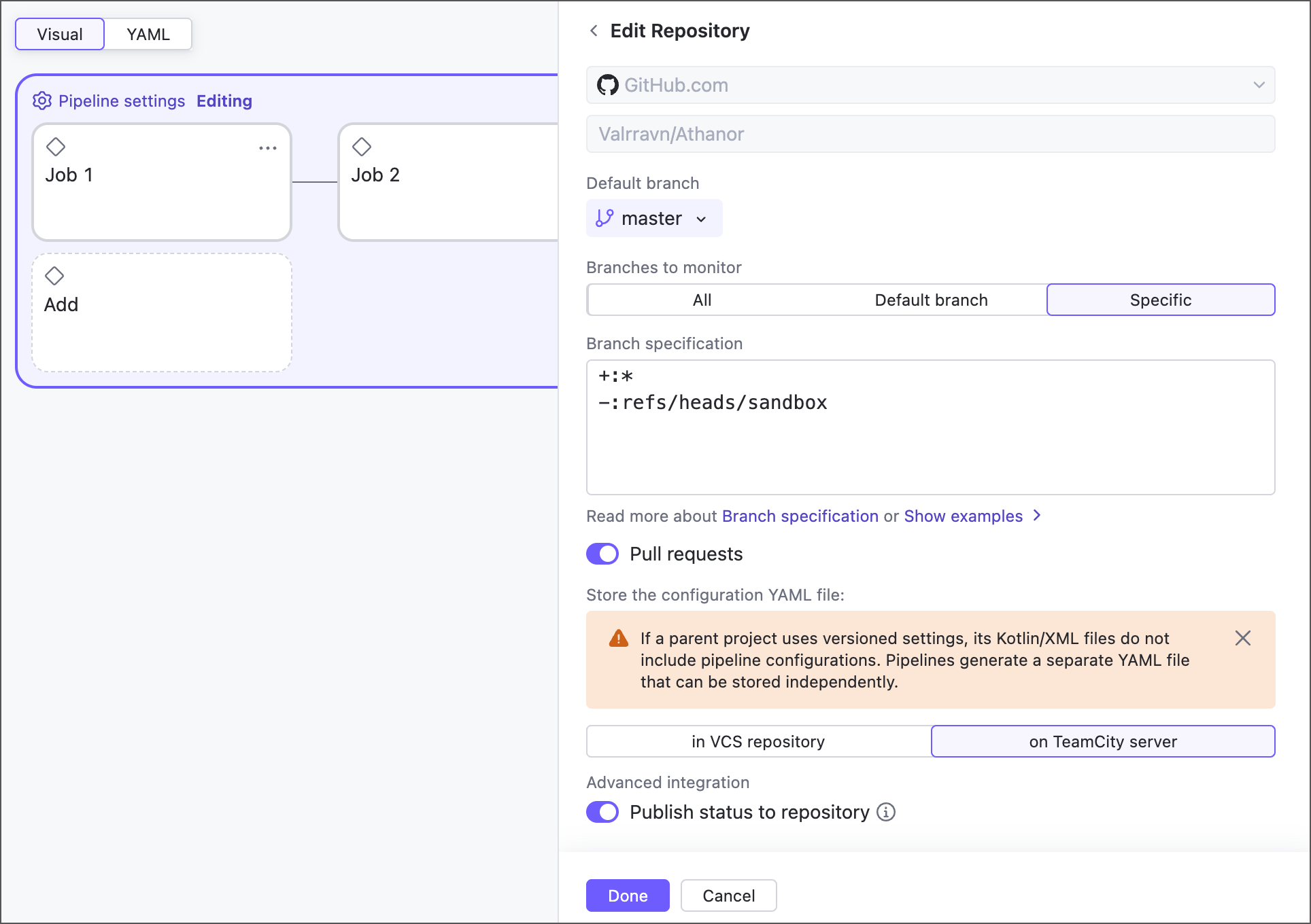 Individual pipeline repository settings