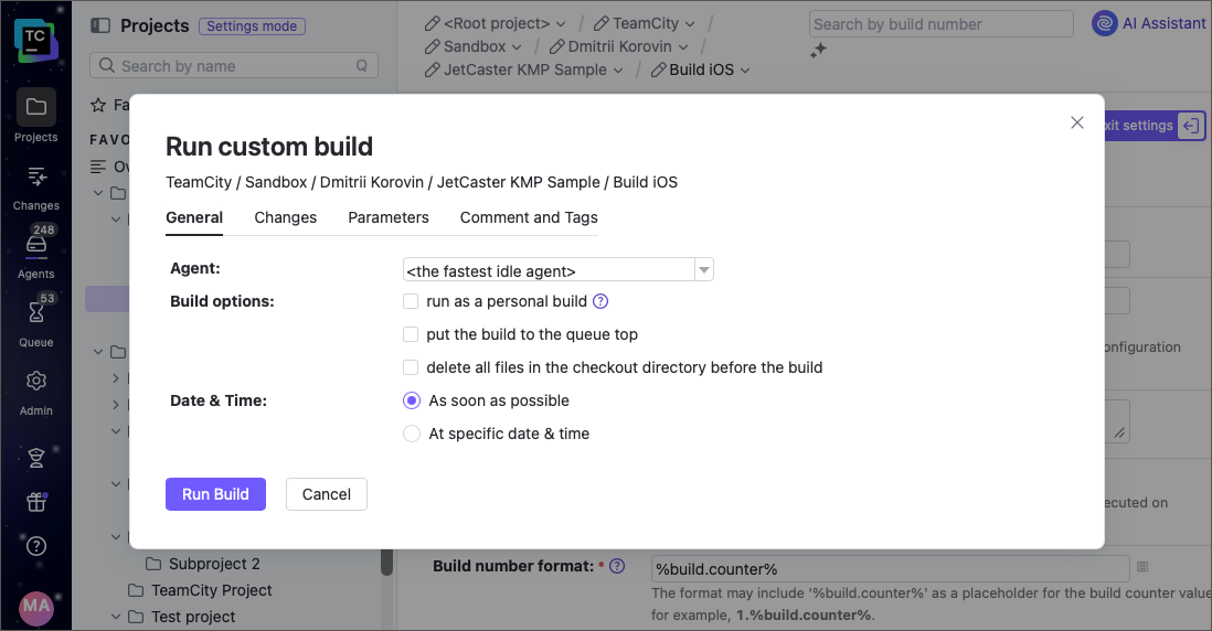 Run custom build dialog, General Settings tab
