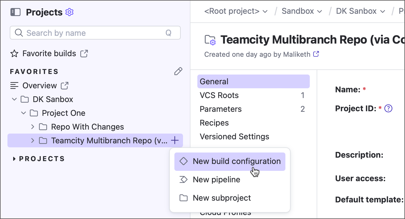 Create new build configuration via sidebar Create new build configuration via sidebar