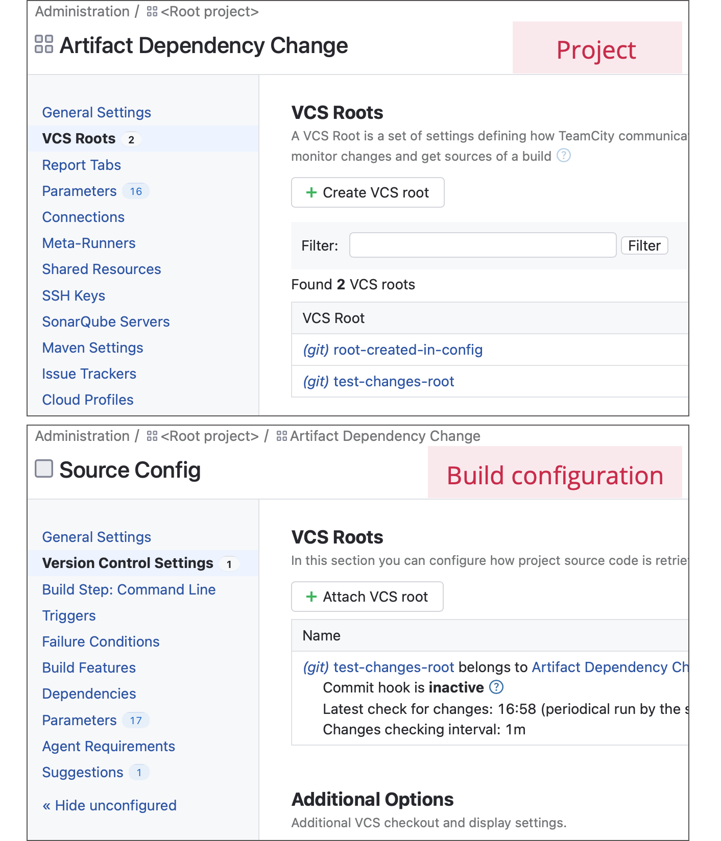 Root settings in projects and configs Root settings in projects and configs