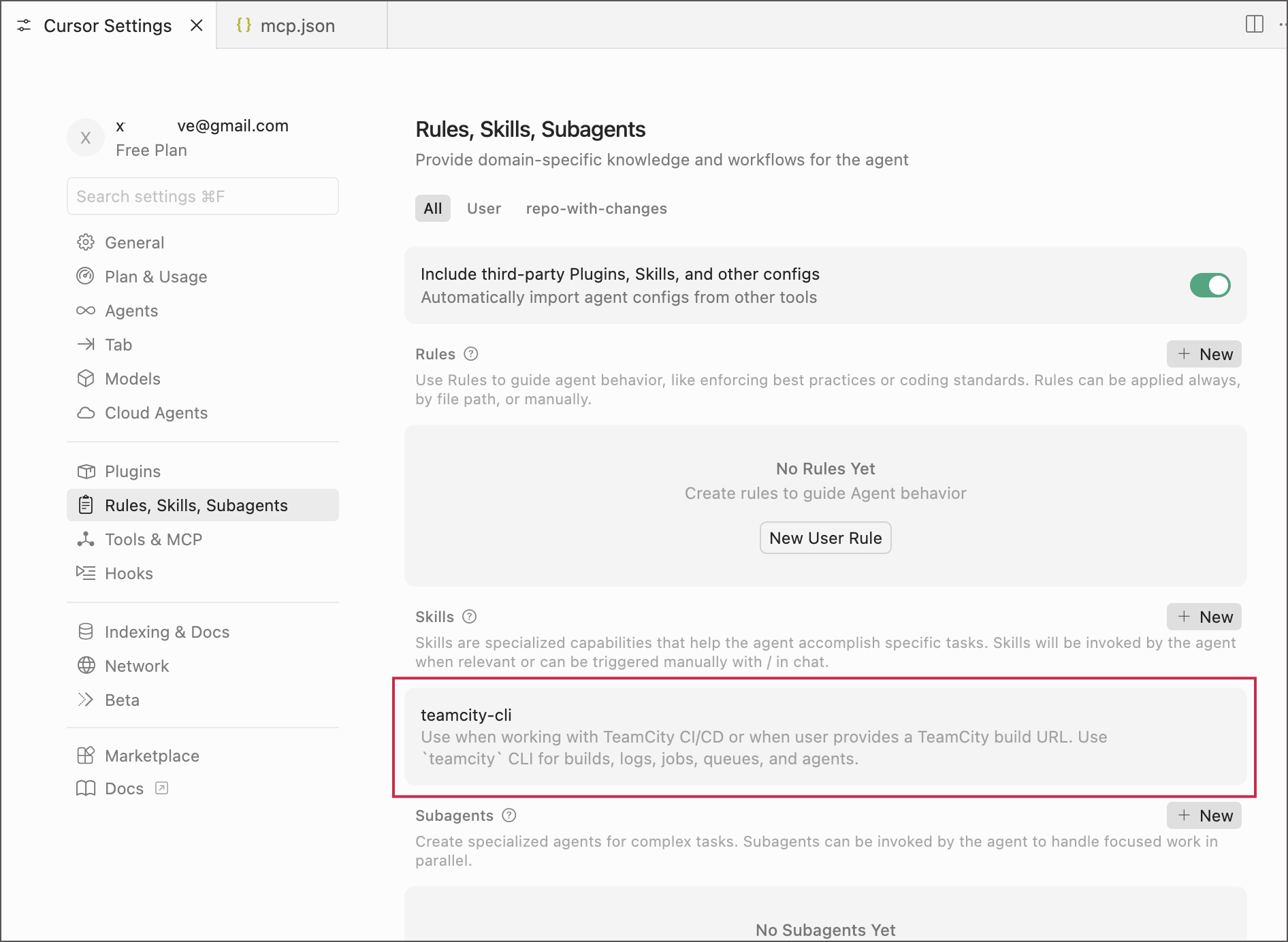 TeamCity CLI skill in Cursor settings TeamCity CLI skill in Cursor settings