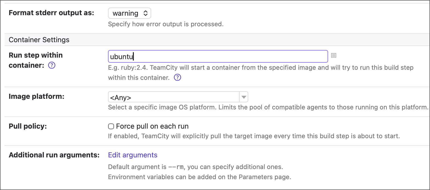 Container settings in steps Container settings in steps