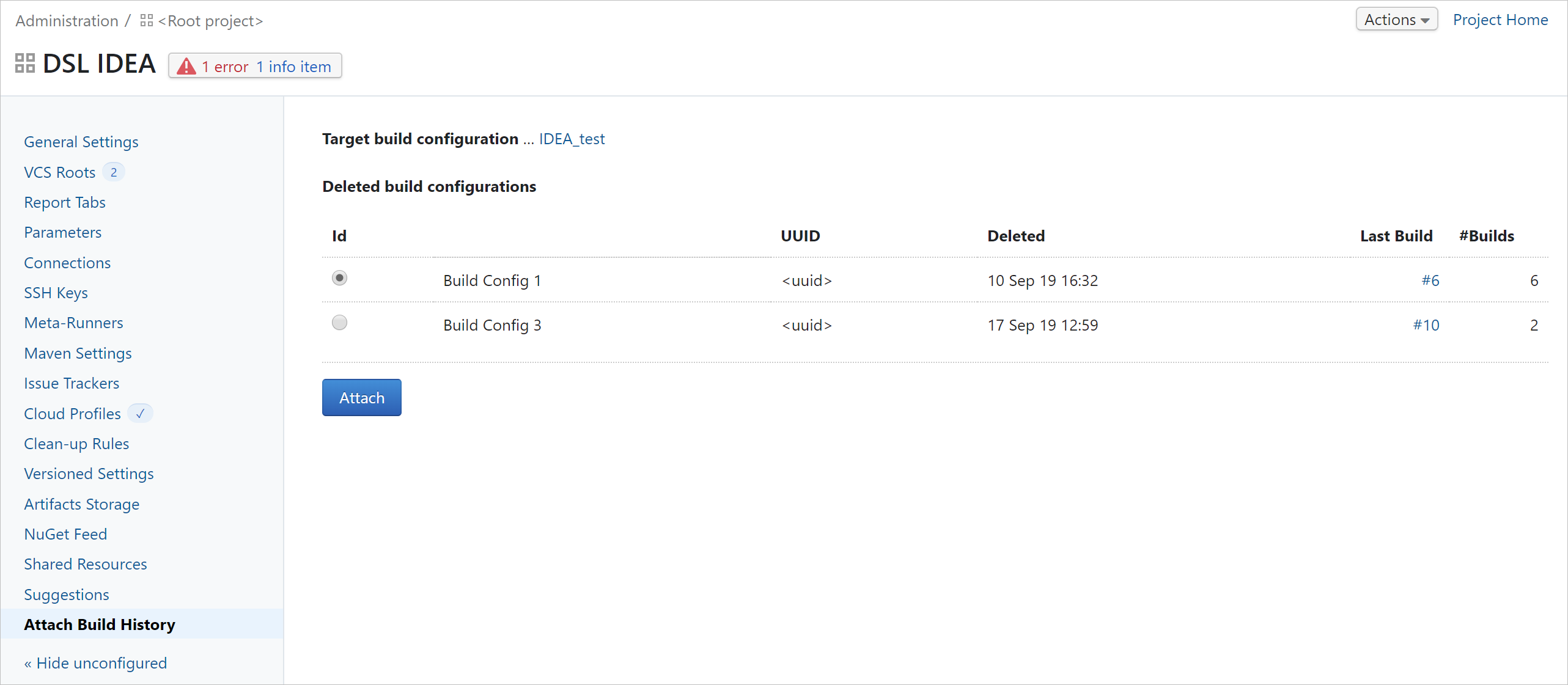 Attaching a build history Attaching a build history