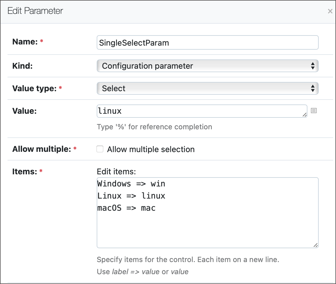 Single select parameter settings Single select parameter settings