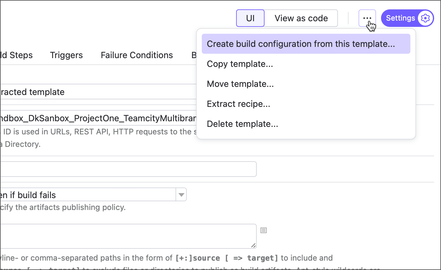 Template Actions menu