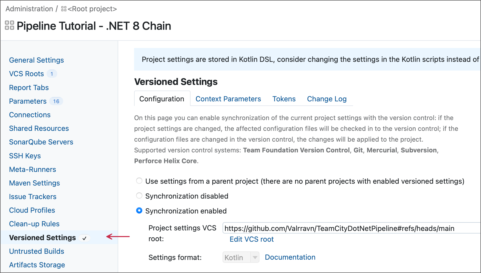 Main versioned settings page Main versioned settings page