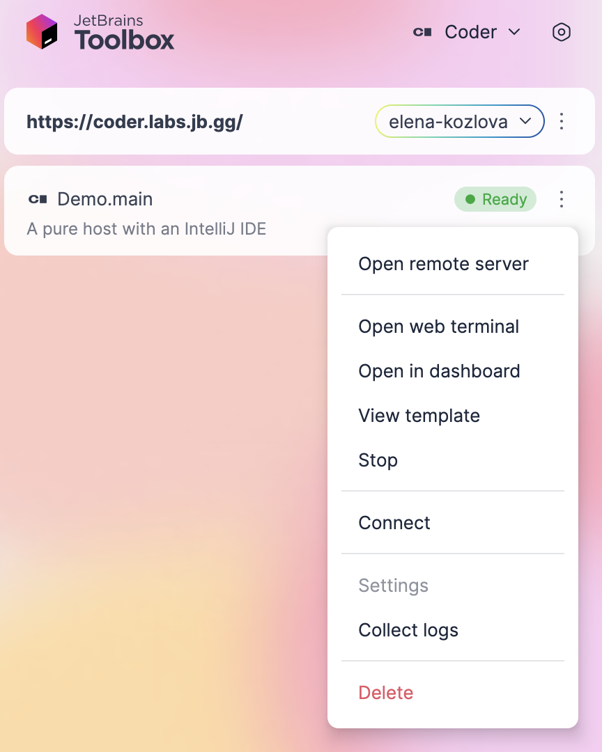 Manage environment: context menu
