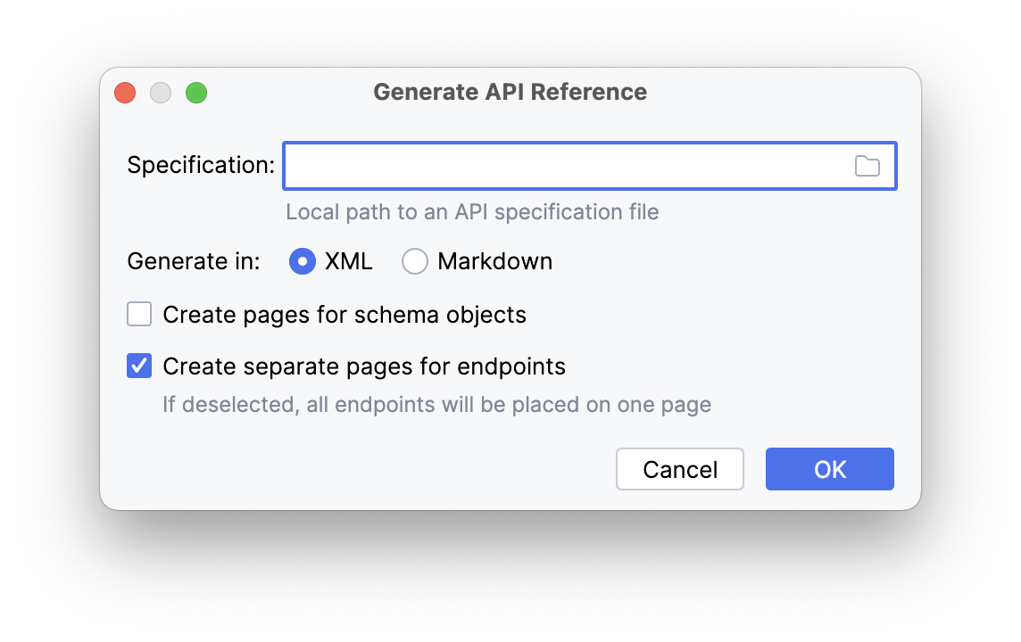 Generate API Reference dialog Generate API Reference dialog
