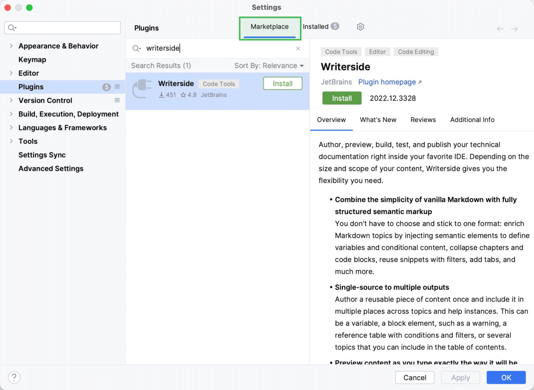 Install Writerside from inside the IDE Install Writerside from inside the IDE