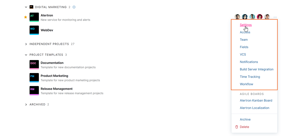 access project settings from Projects list access project settings from Projects list