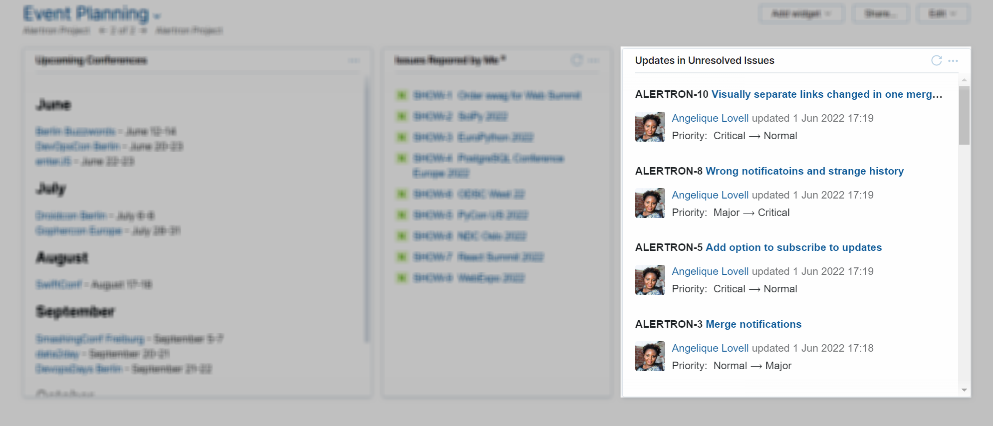 Issue Activity Feed widget on a dashboard Issue Activity Feed widget on a dashboard