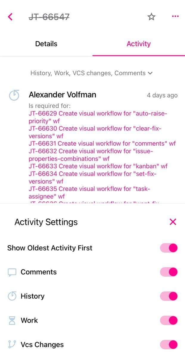 Activity settings panel Activity settings panel