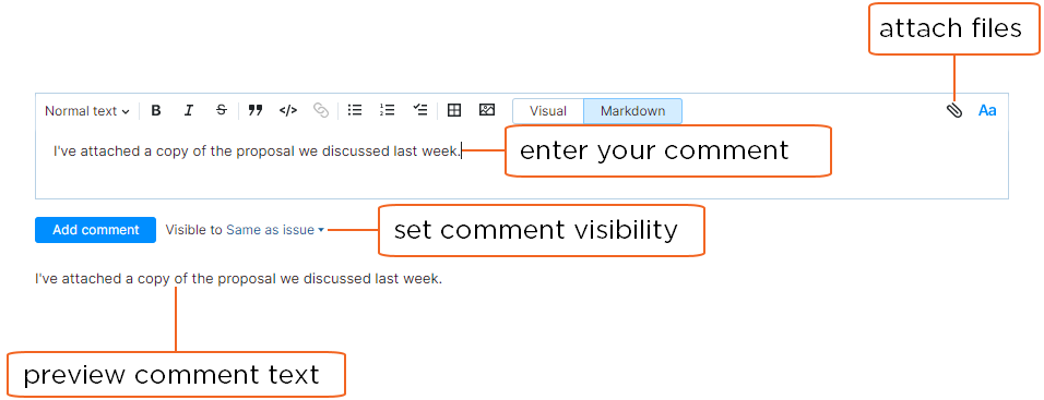 Controls for adding comments in the Issues list. Controls for adding comments in the Issues list.