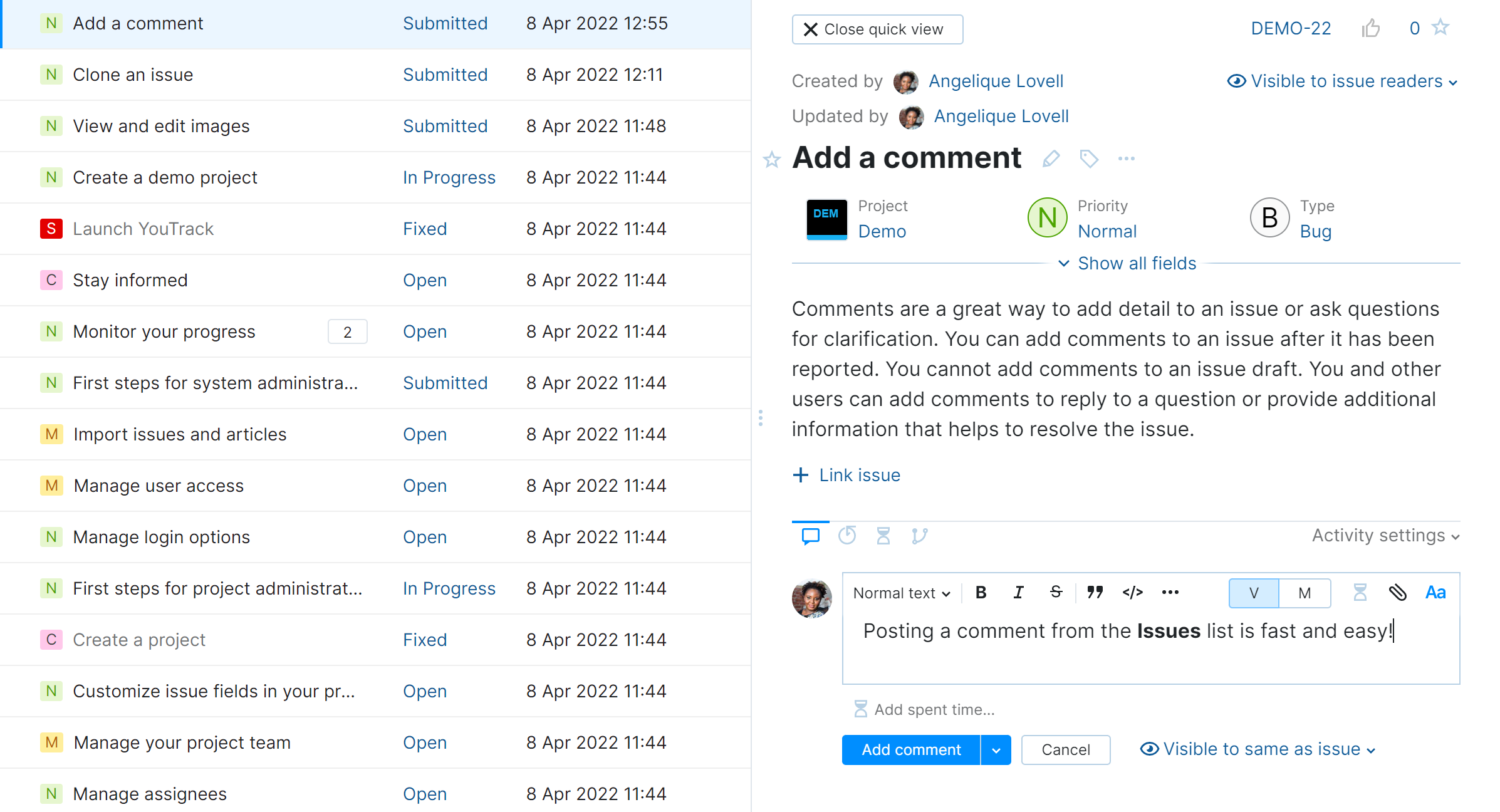 Adding a comment from the Issues list in YouTrack Lite. Adding a comment from the Issues list in YouTrack Lite.