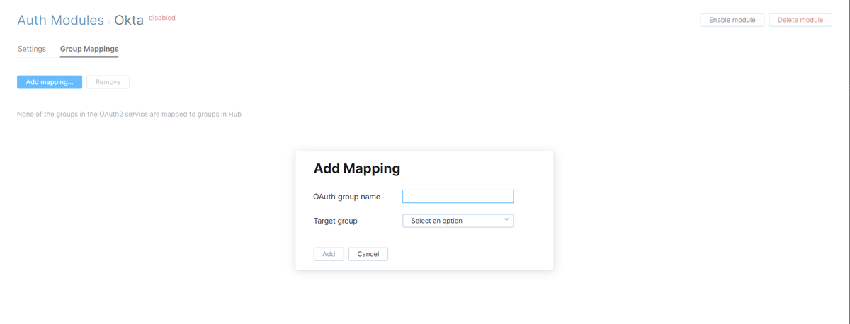 Dialog for adding group mappings. Dialog for adding group mappings.