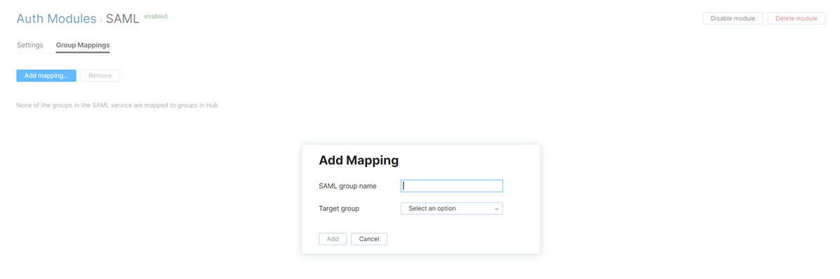 Dialog for adding group mappings. Dialog for adding group mappings.