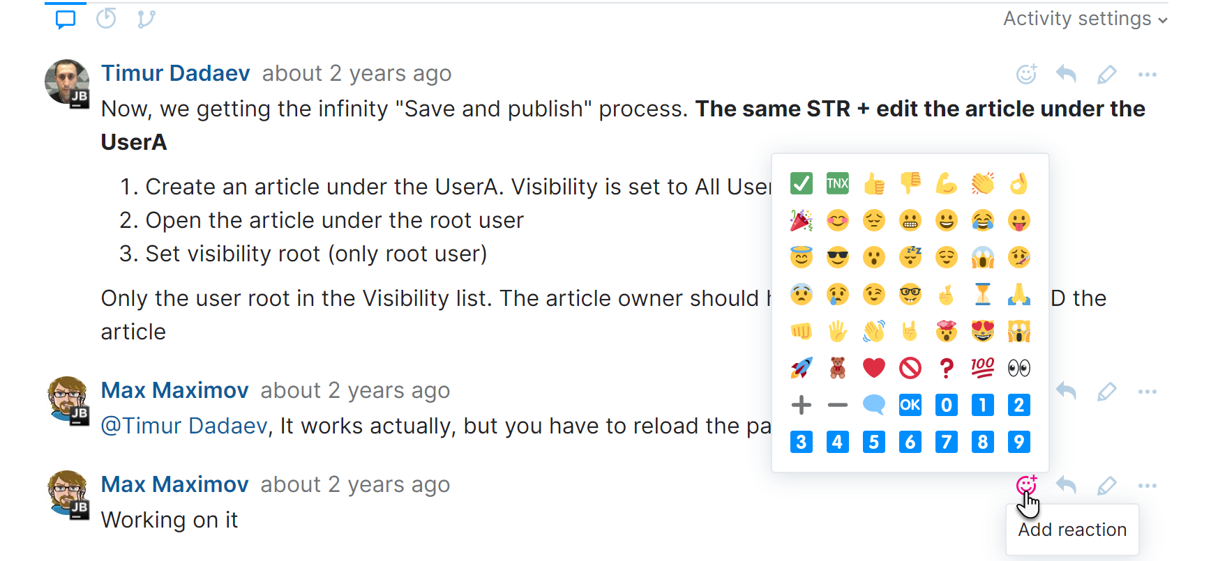Pop-up menu for adding a reaction to a comment. Pop-up menu for adding a reaction to a comment.