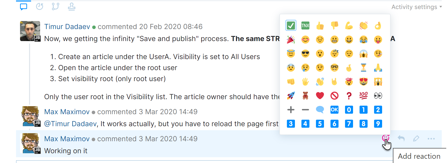 Pop-up menu for adding a reaction to a comment. Pop-up menu for adding a reaction to a comment.
