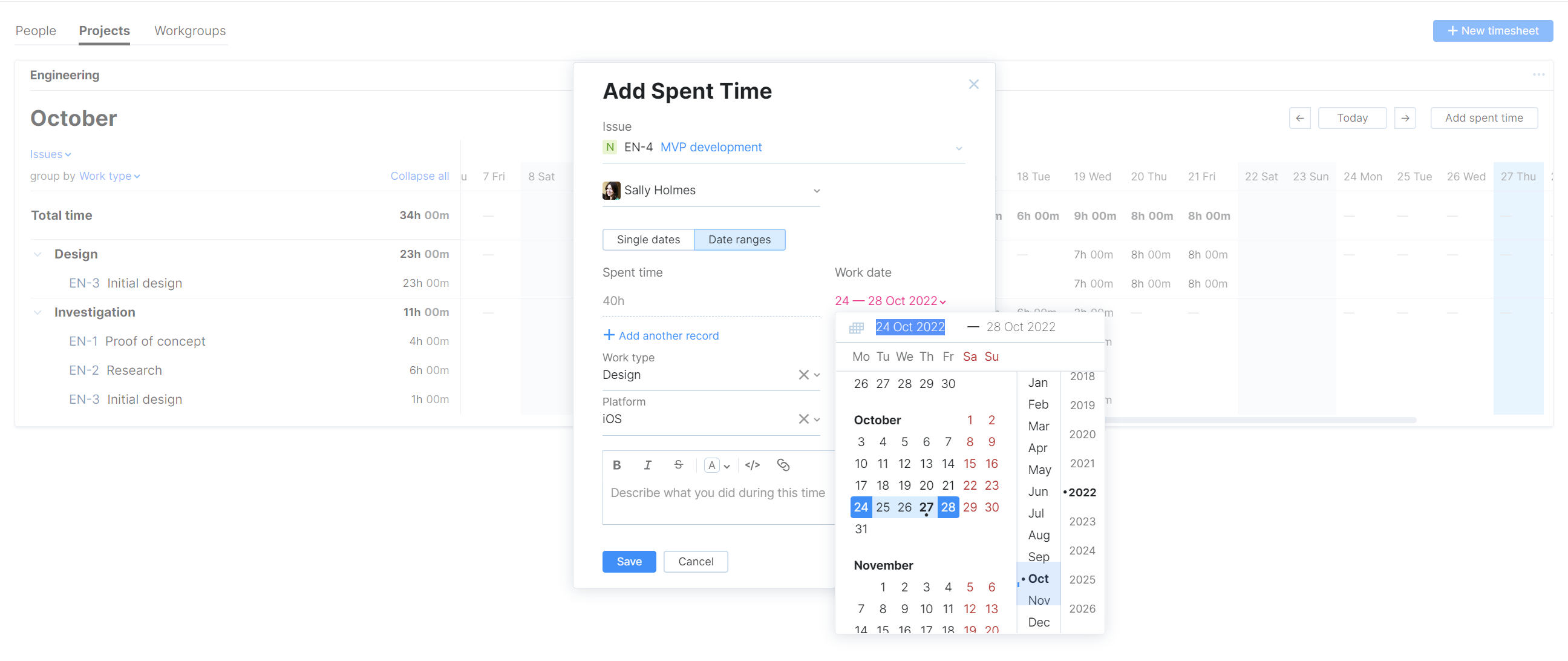 Add spent time for a range of dates. Add spent time for a range of dates.