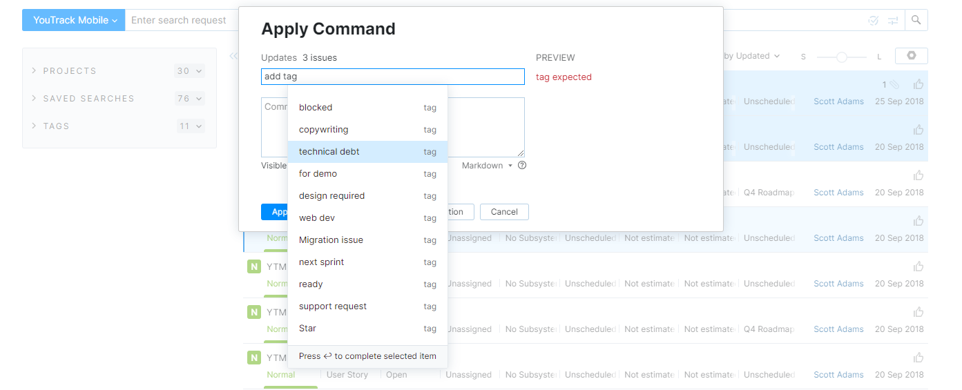 Add a tag to multiple issues with a command. Add a tag to multiple issues with a command.