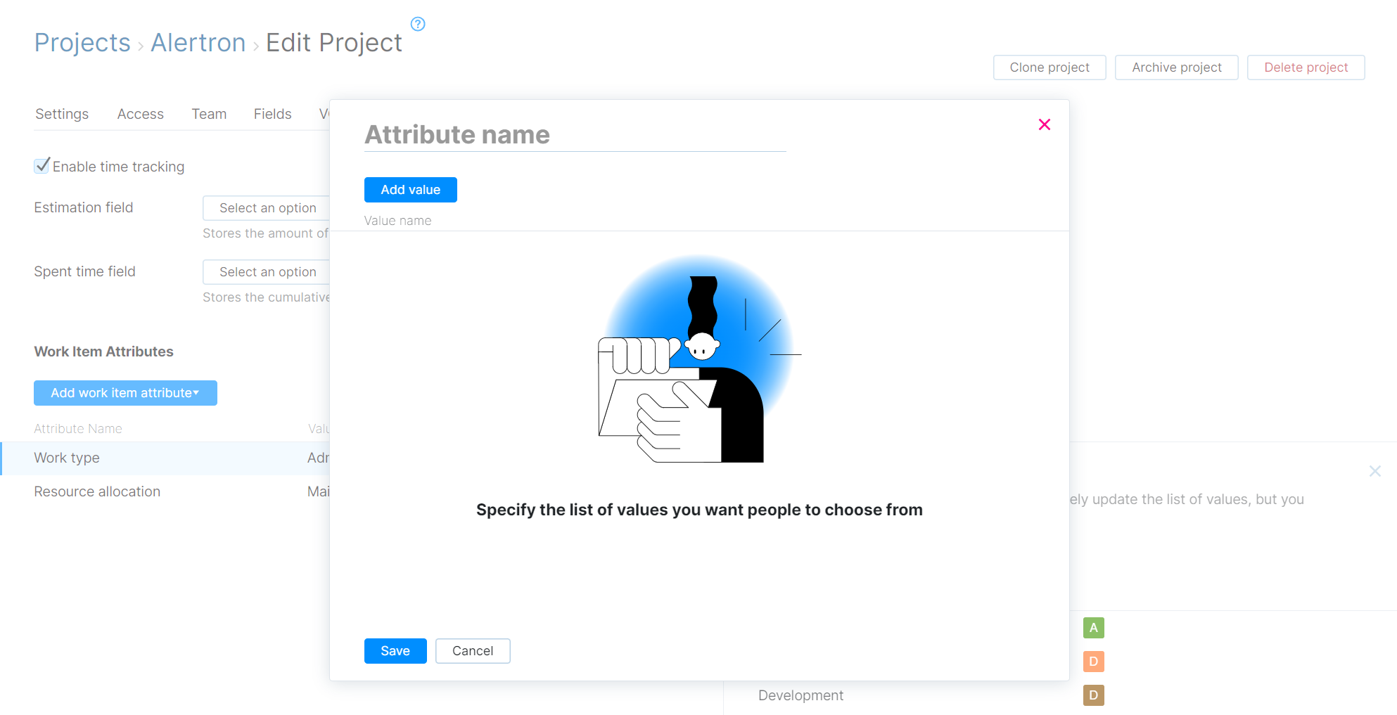 Options for adding a work item attribute to the project. Options for adding a work item attribute to the project.