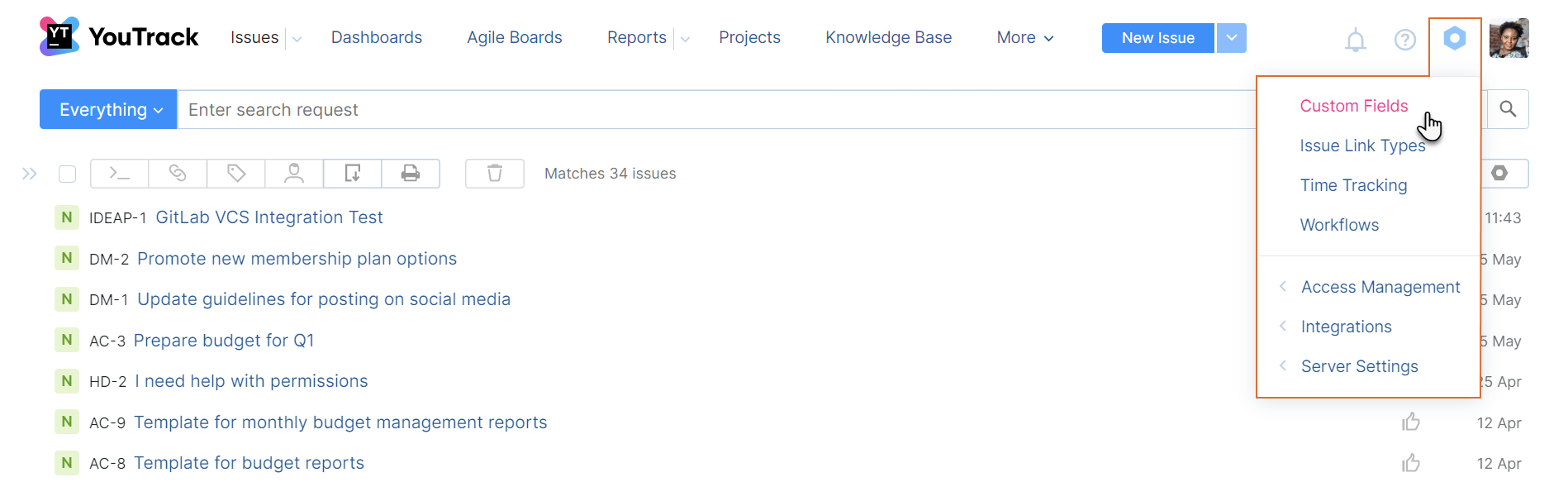 The Administration menu in YouTrack. The Administration menu in YouTrack.