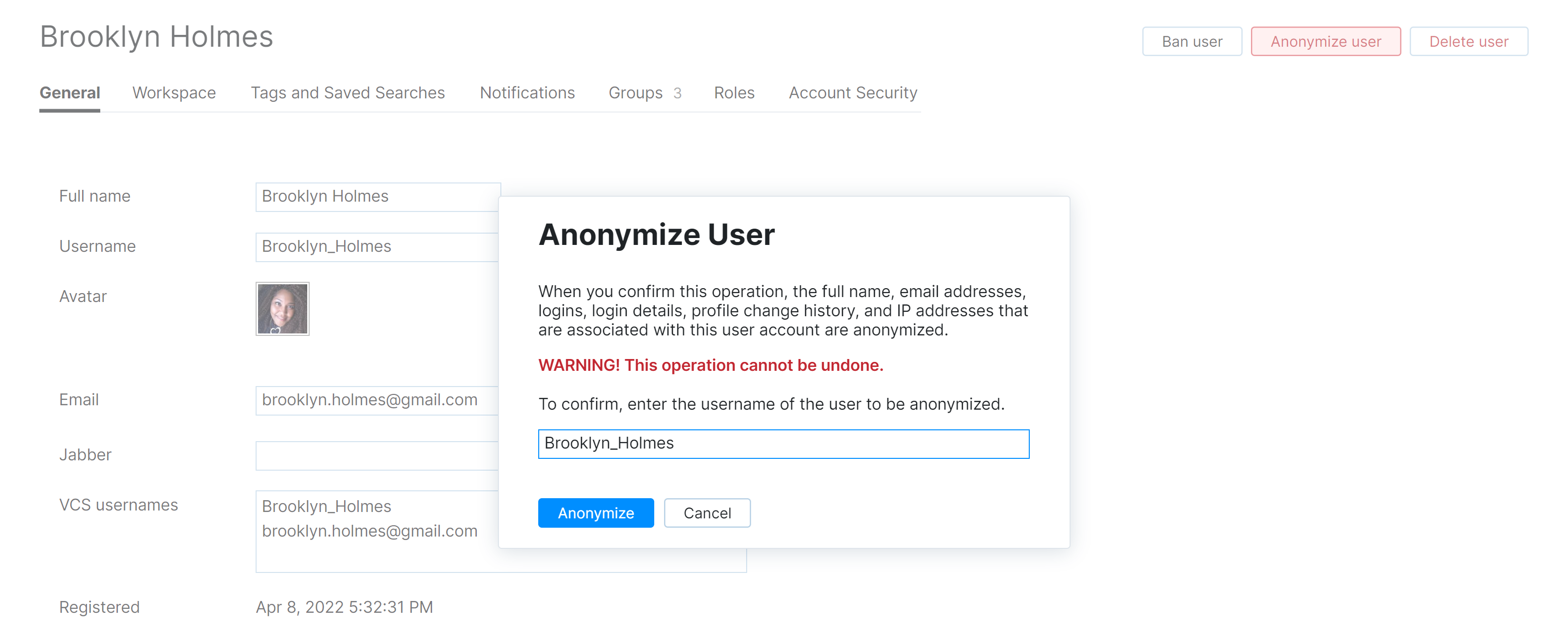 Anonymize user confirmation dialog Anonymize user confirmation dialog