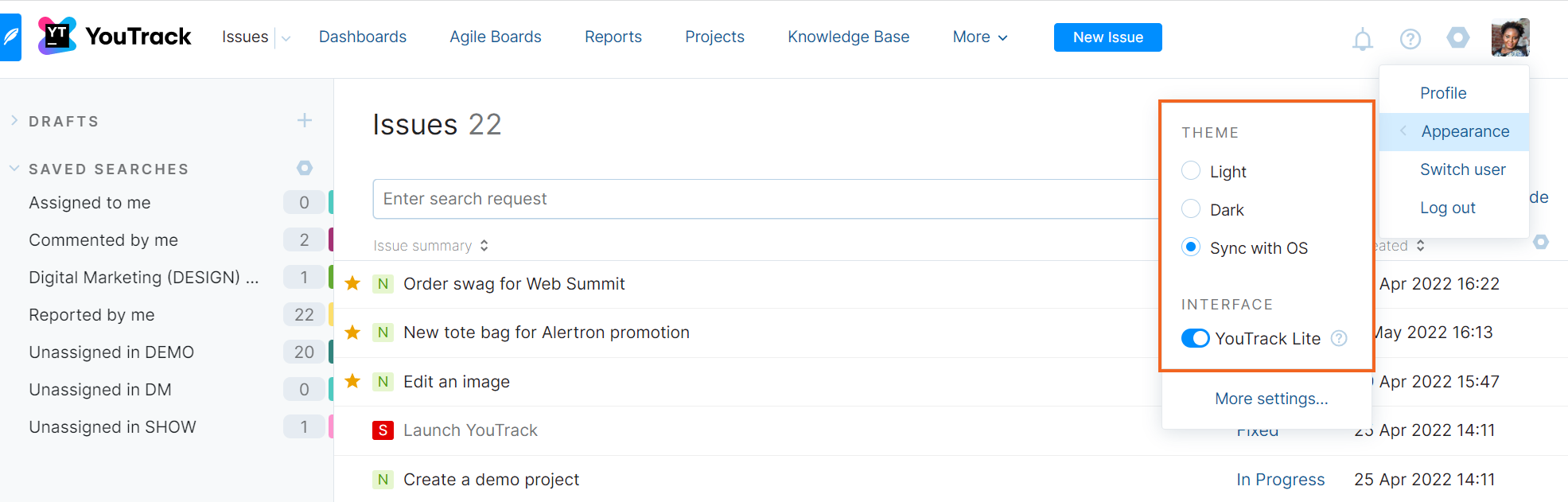 Appearance menu options. Appearance menu options.