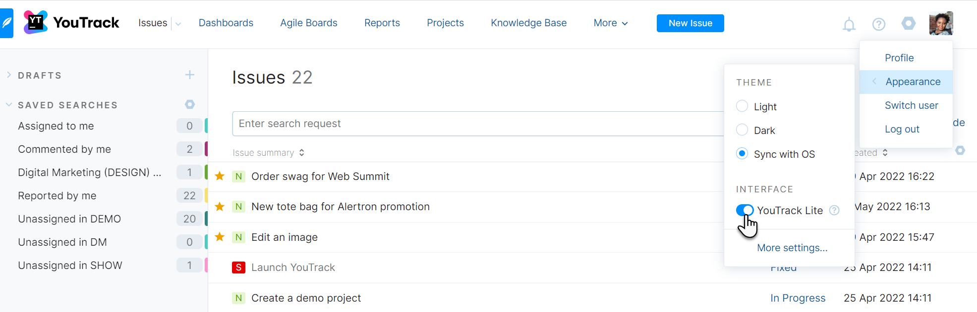Appearance switch in profile menu. Appearance switch in profile menu.
