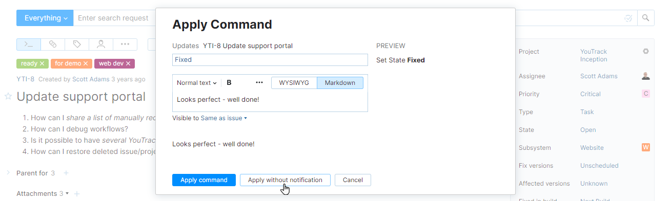 Apply command without notification. Apply command without notification.