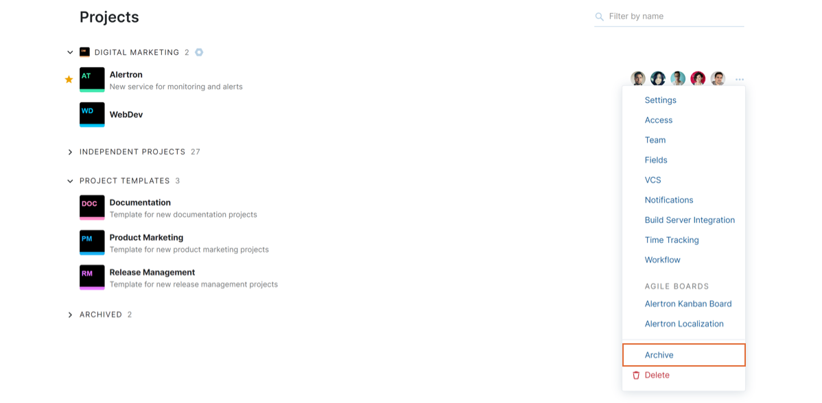 Option to archive a project from the list. Option to archive a project from the list.