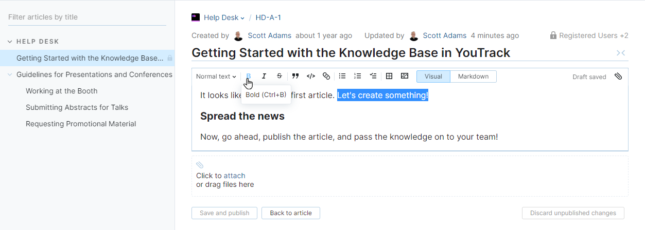 Visual editing mode for articles. Visual editing mode for articles.