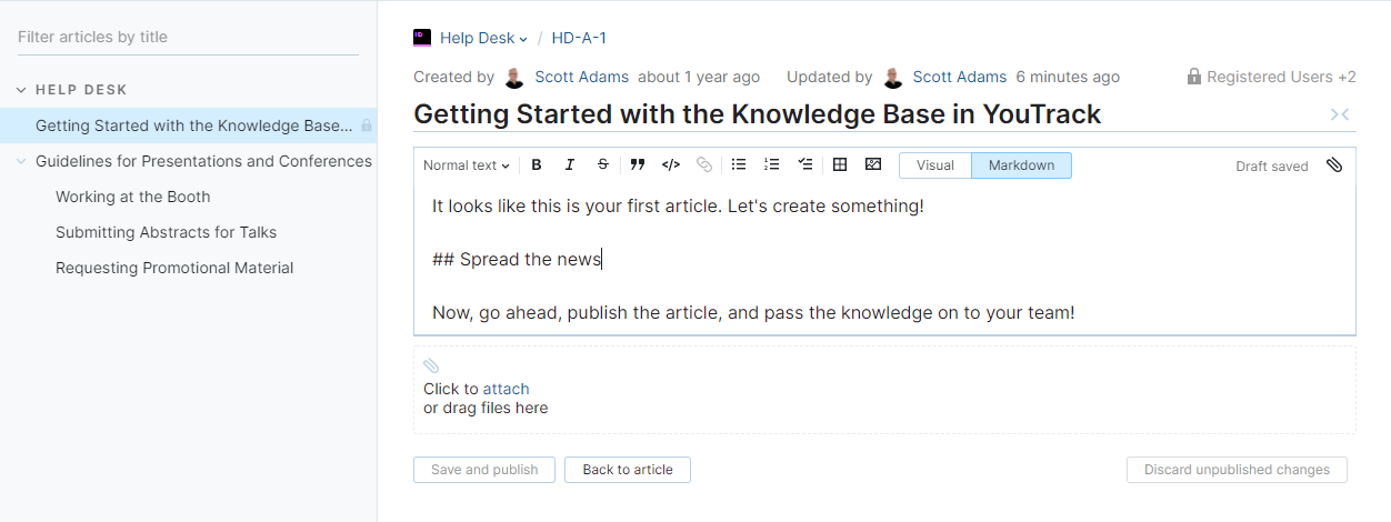 Editing an article in Markdown mode. Editing an article in Markdown mode.