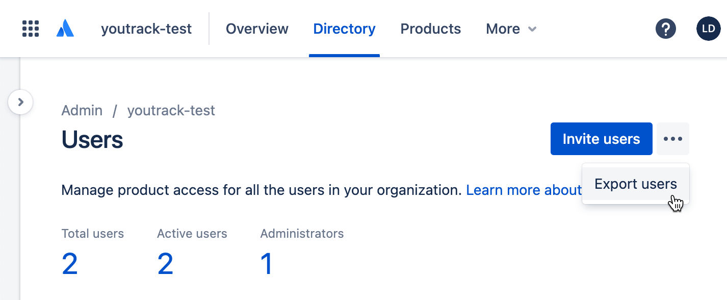 The option to export users in Atlassian Administration. The option to export users in Atlassian Administration.