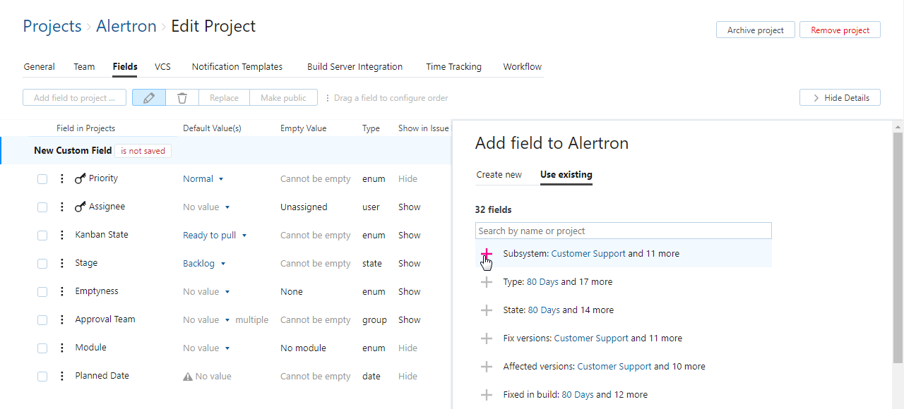 Attach exiting field to project Attach exiting field to project
