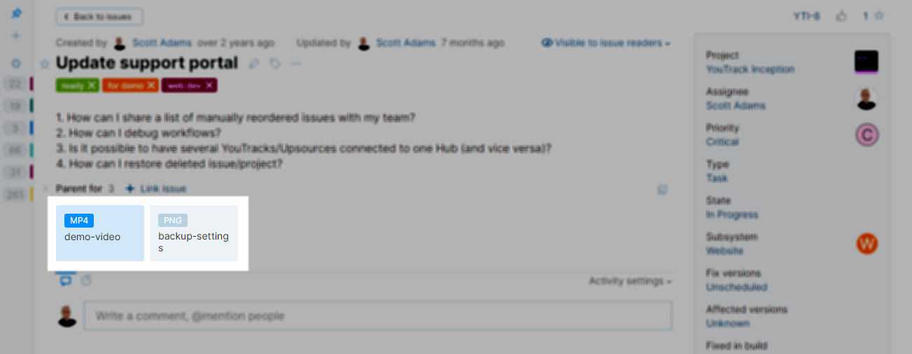 Issue attachments in YouTrack Lite. Issue attachments in YouTrack Lite.
