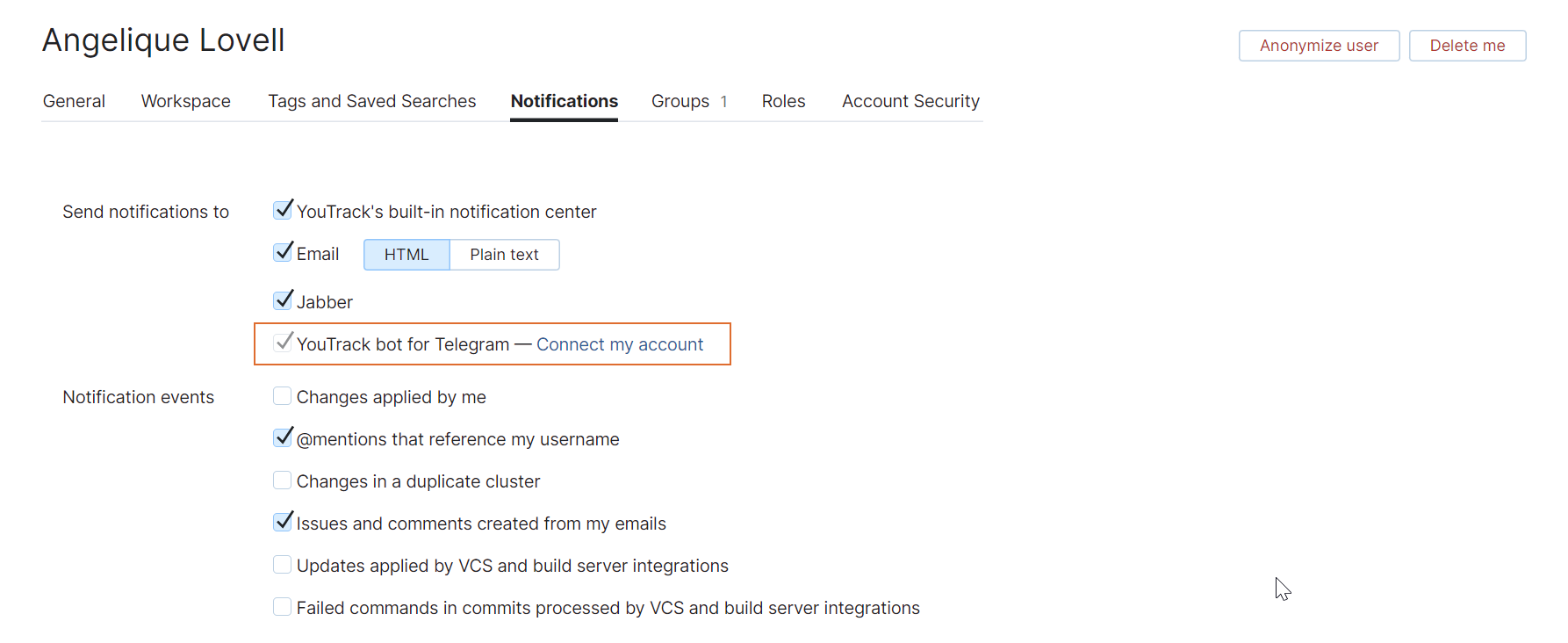 Option to connect with a Telegram account in the notification settings for a YouTrack account. Option to connect with a Telegram account in the notification settings for a YouTrack account.