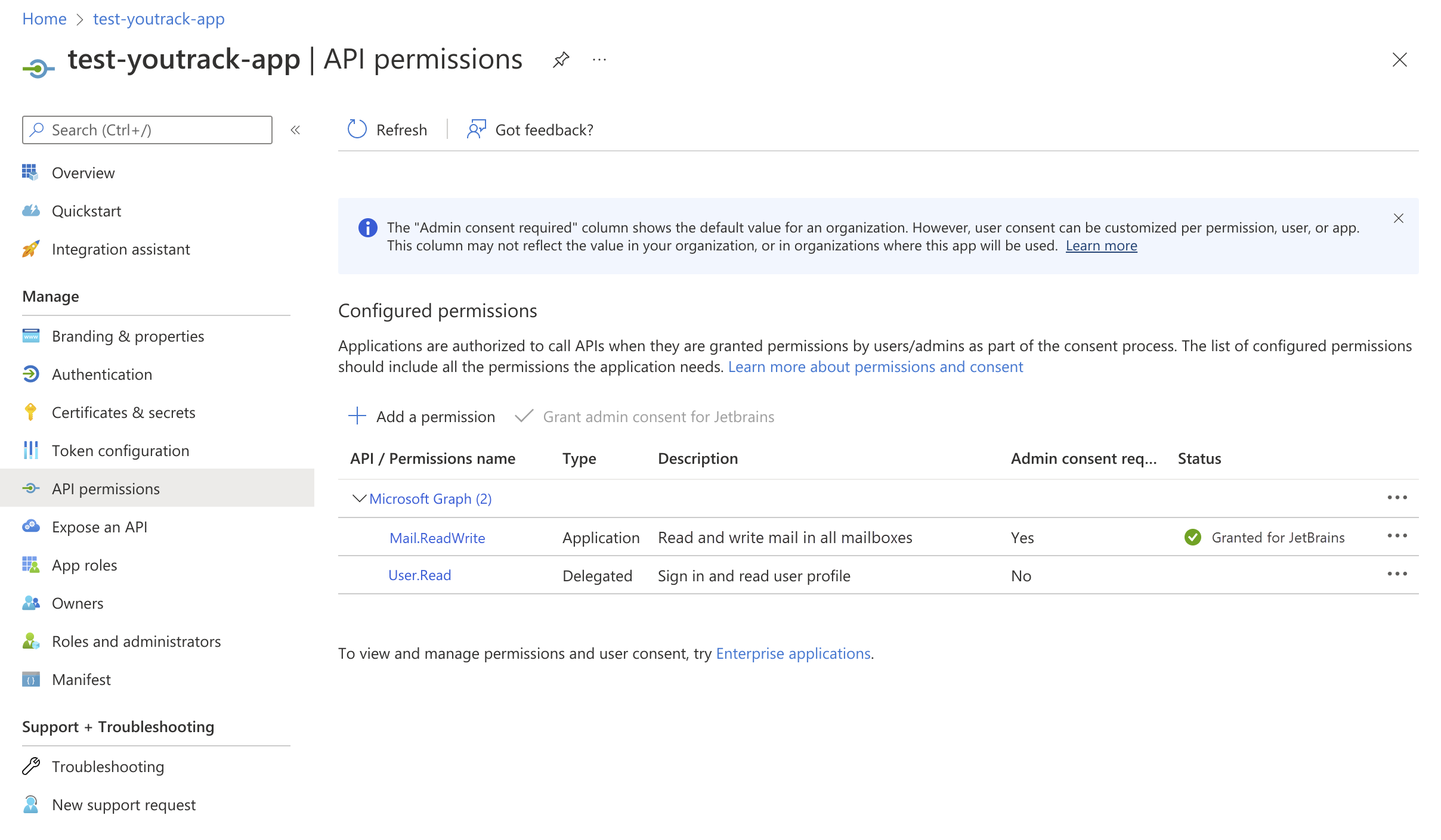 The API permission settings of a registered client application in Microsoft Azure. The API permission settings of a registered client application in Microsoft Azure.