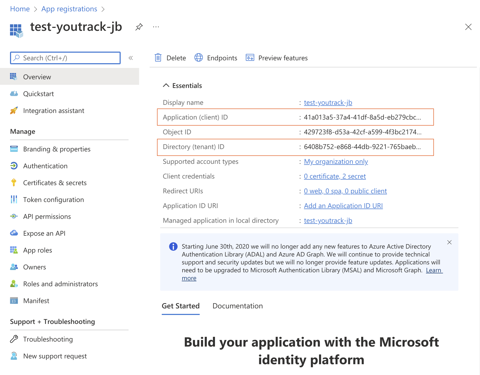 The Essentials section of a registered client application in Microsoft Azure. The Essentials section of a registered client application in Microsoft Azure.