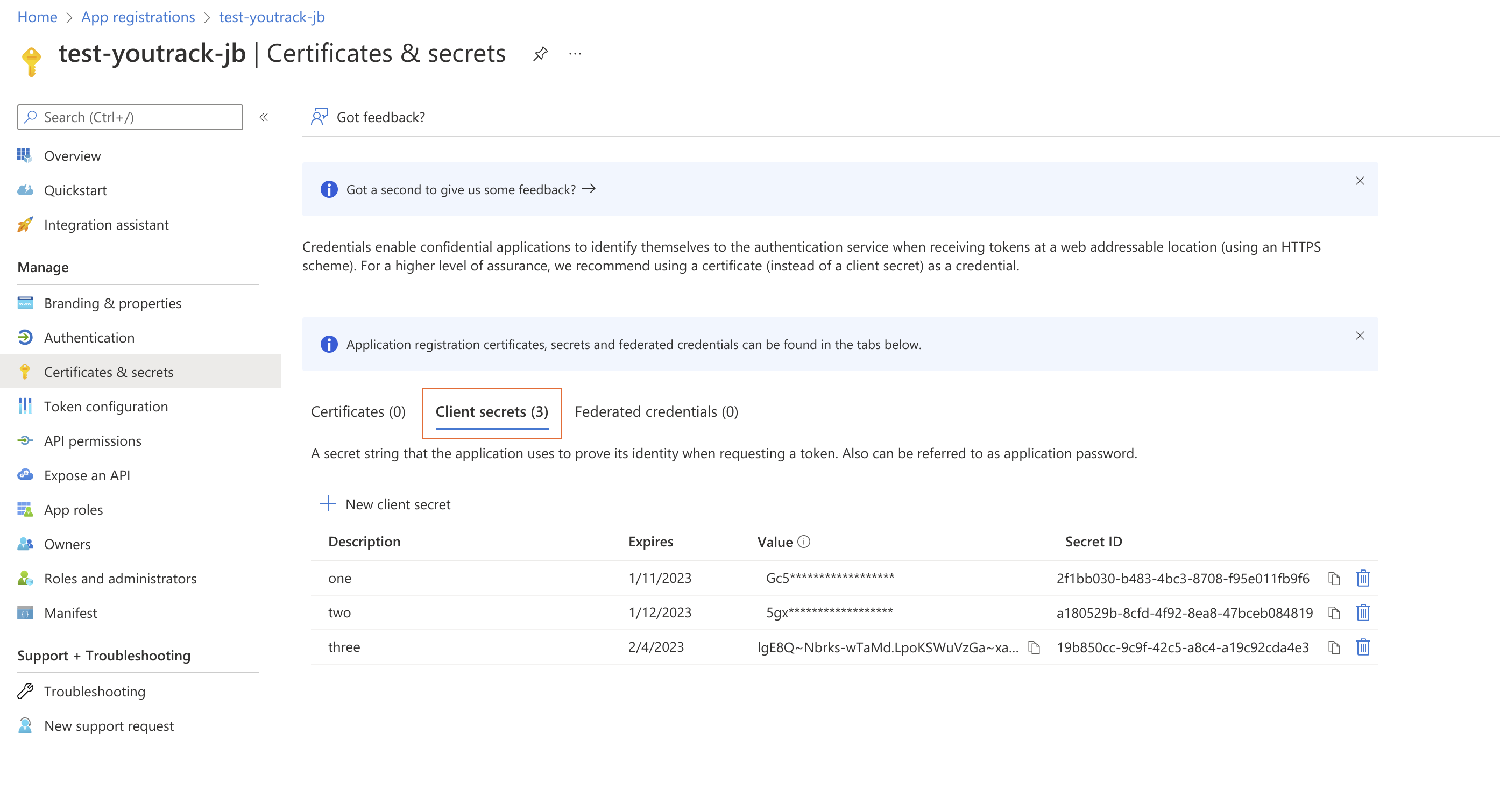 The Certificates & secrets section of a registered client application in Microsoft Azure. The Certificates & secrets section of a registered client application in Microsoft Azure.