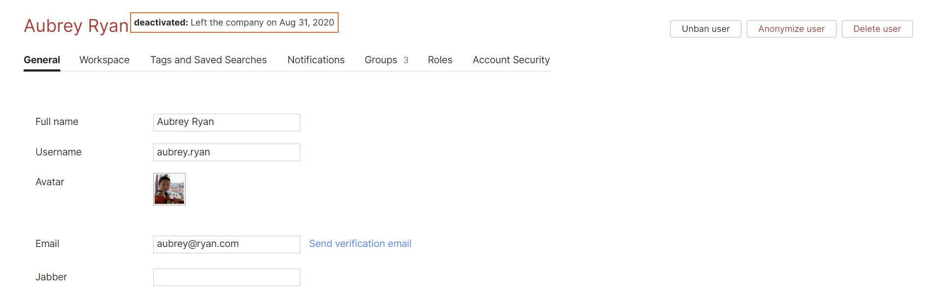 A banned user with a deactivated status and a reason for the ban next to their name. A banned user with a deactivated status and a reason for the ban next to their name.