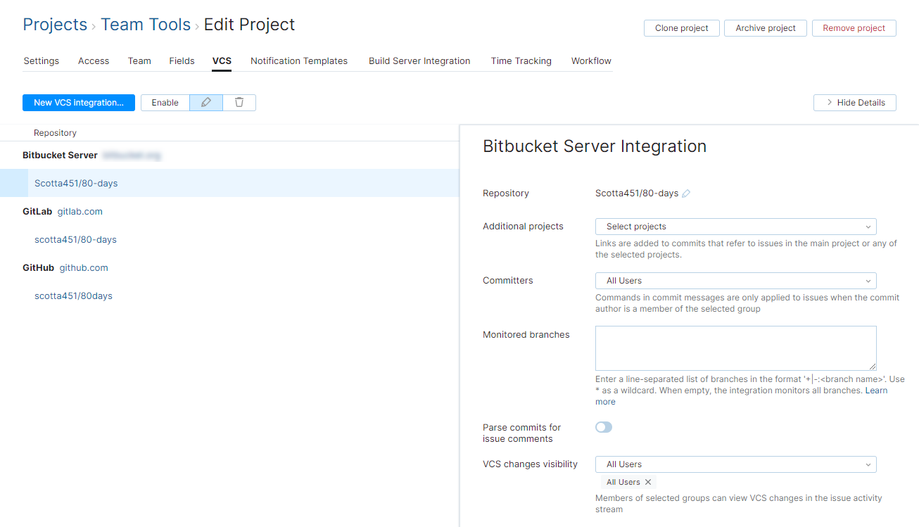 Bitbucket Server integration settings Bitbucket Server integration settings