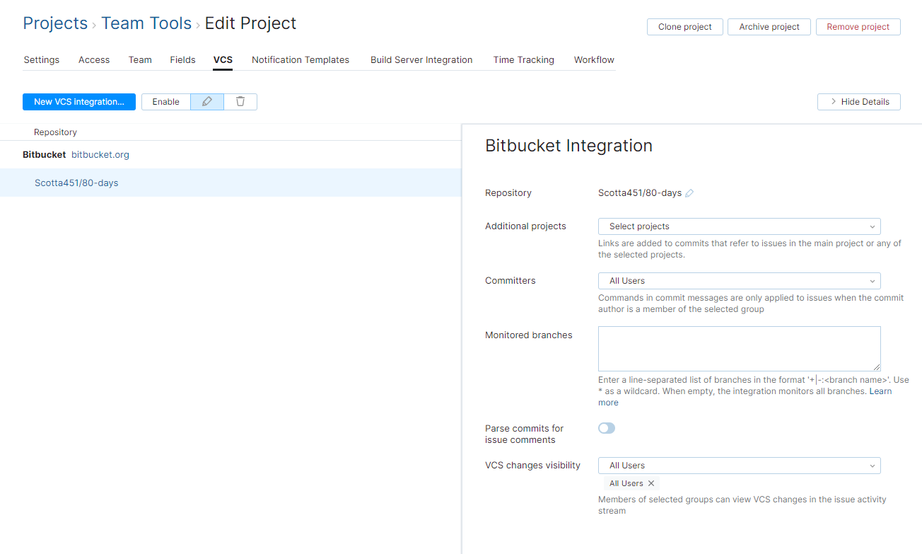 Bitbucket integration settings Bitbucket integration settings